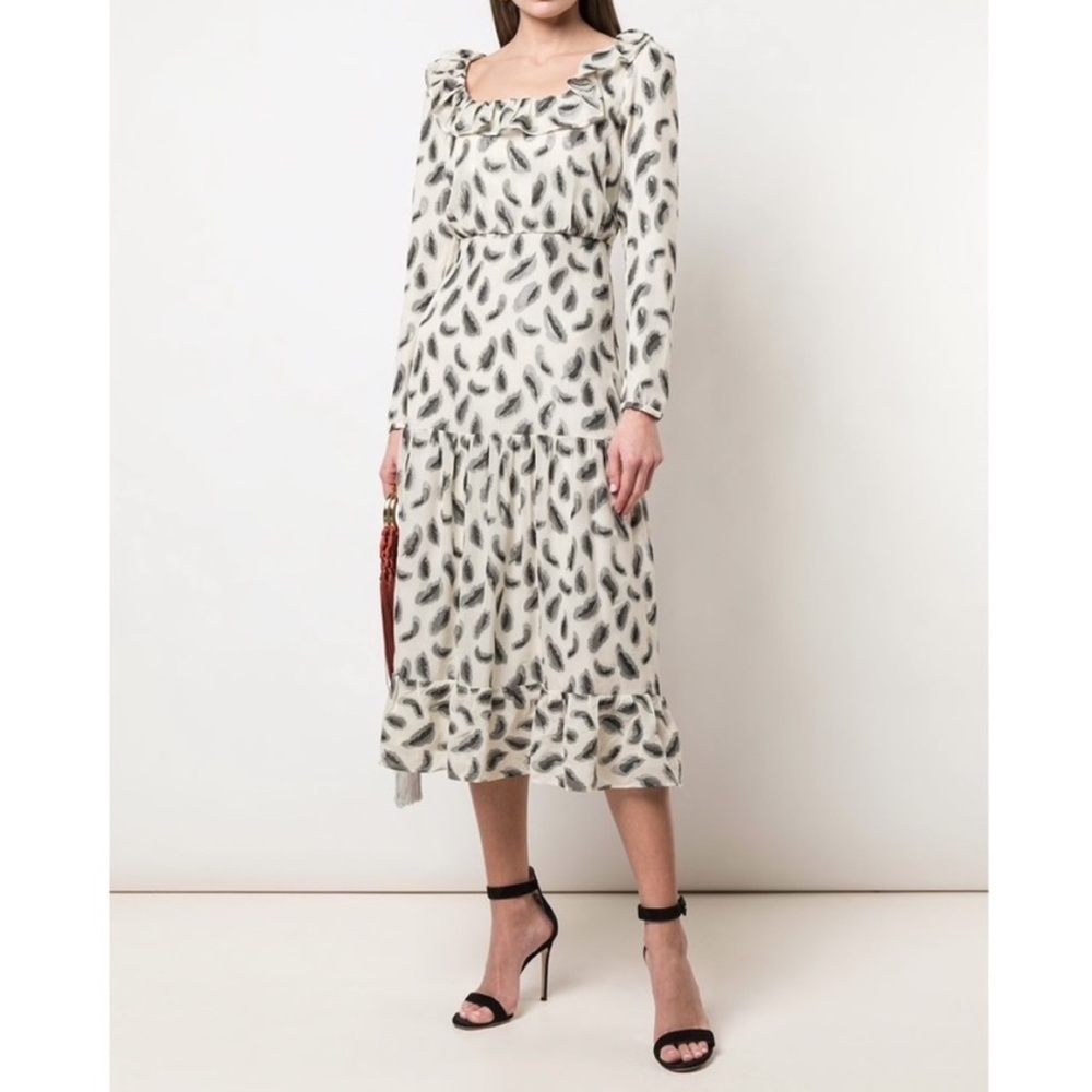 Saloni Abstract Feather Print Long Sleeve Ruffle Midi Dress